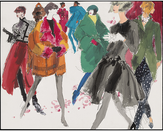 Eight female models in fall coats from different French fashion houses Kenneth Paul Block (American, 1925–2009) March 4–11, 1991 Watercolor and charcoal on watercolor board * Gift of Kenneth Paul Block, made possible with the generous  assistance of Jean S. and Frederic A. Sharf * Photograph © Museum of Fine Arts, Boston